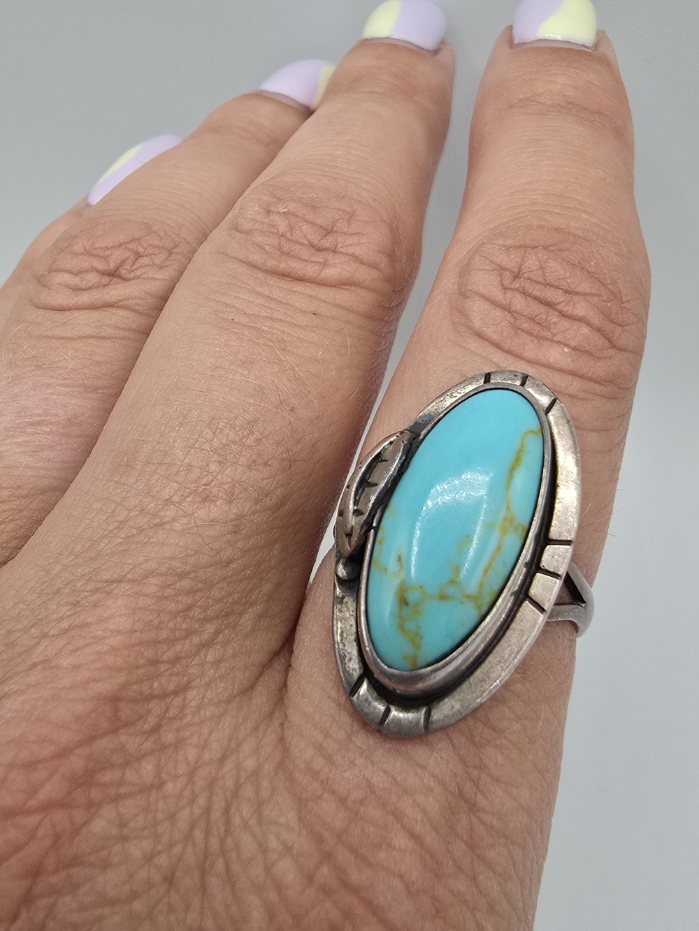 VTG 925 Sterling Silver Turquoise Ring Southwestern Navajo Style Size 8.25 - Picture 2 of 14